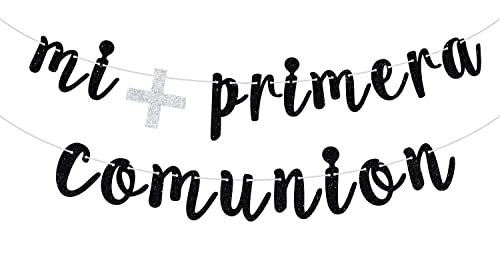 Glitter Mi Primera Comuniòn Banner - Baby Baptism/ First Holy Communion Bunting Décor - God Bless This Child Baby Shower Party Decoration Supplies(Black)