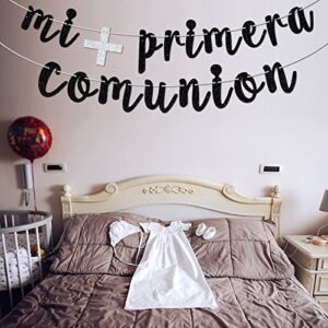 Glitter Mi Primera Comuniòn Banner - Baby Baptism/ First Holy Communion Bunting Décor - God Bless This Child Baby Shower Party Decoration Supplies(Black)