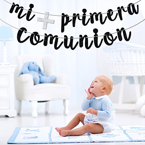 Glitter Mi Primera Comuniòn Banner - Baby Baptism/ First Holy Communion Bunting Décor - God Bless This Child Baby Shower Party Decoration Supplies(Black)