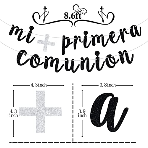 Glitter Mi Primera Comuniòn Banner - Baby Baptism/ First Holy Communion Bunting Décor - God Bless This Child Baby Shower Party Decoration Supplies(Black)