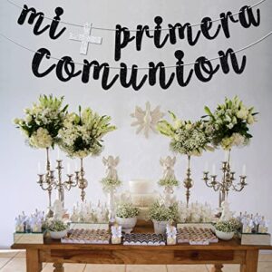 Glitter Mi Primera Comuniòn Banner - Baby Baptism/ First Holy Communion Bunting Décor - God Bless This Child Baby Shower Party Decoration Supplies(Black)