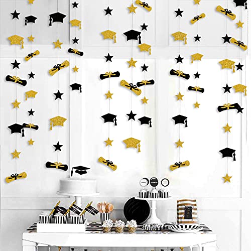 Graduation Decorations 2023 Graduation Hat Diploma Star Garland Banner Bunting Streamer Backdrop for Graduation Party Supplies Classroom Middle High School Grad Home Decor (Black Gold)