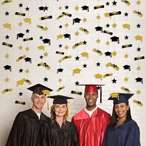 Graduation Decorations 2023 Graduation Hat Diploma Star Garland Banner Bunting Streamer Backdrop for Graduation Party Supplies Classroom Middle High School Grad Home Decor (Black Gold)