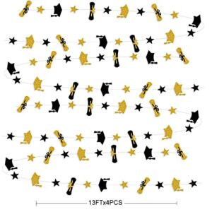 Graduation Decorations 2023 Graduation Hat Diploma Star Garland Banner Bunting Streamer Backdrop for Graduation Party Supplies Classroom Middle High School Grad Home Decor (Black Gold)