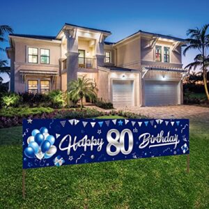 happy 80th birthday banner decorations for men, blue silver 80 year old birthday yard banner party supplies, eighty birthday sign backdrop decor for outdoor indoor