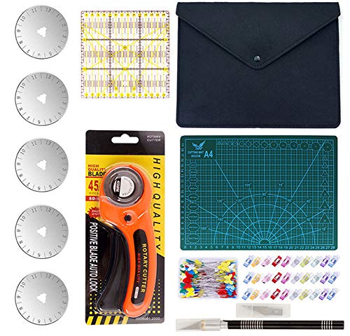 Swiftrans 90 PCS Rotary Cutter Kit, 45mm Rotary Cutter Tool Kit with 5 Extra Blades, A4 Cutting Mat, Patchwork Ruler, Carving Knife, Storage Bag Ideal Craft Supplies Set for Fabric Sewing and Quilting