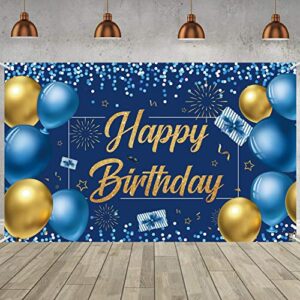 lovyan happy birthday banner backdrop extra large fabric blue gold sign poster photo booth background for men women birthday anniversary party decoration supplies, 71 x 43.3 inch (gift)
