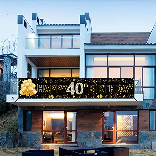 Pimvimcim 40th Birthday Party Banner Decorations for Men & Women, Black Gold 40 Year Old Birthday Party Backdrop Supplies, Happy Forty Birthday Sign Decor(9.8x1.6ft)