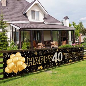 pimvimcim 40th birthday party banner decorations for men & women, black gold 40 year old birthday party backdrop supplies, happy forty birthday sign decor(9.8×1.6ft)