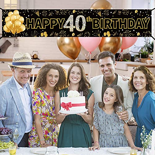 Pimvimcim 40th Birthday Party Banner Decorations for Men & Women, Black Gold 40 Year Old Birthday Party Backdrop Supplies, Happy Forty Birthday Sign Decor(9.8x1.6ft)