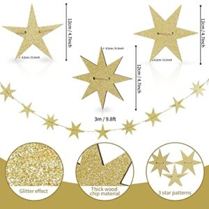 Whaline Star Banner with String Wooden Glitter Star Banner Pre-Assembled Gold Star Hanging Bunting for Christmas Garland Gold Wedding Baby Shower Birthday Party Decorations