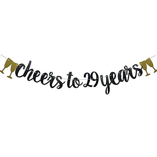 Cheers to 29 Years Banner,Pre-Strung, No Assembly Required,Black Paper Glitter Party Decorations For 29TH Wedding Anniversary 29 Years Old 29TH Birthday Party Supplies Letters Black Betteryanzi