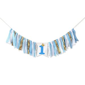 YESSWL 1st Birthday High Chair Banner - Baby Boy First Birthday Decorations High Chair Banner, One Birthday Party Decorations for Rag Tie Fabric Garland, Cake Smash Photo Booth Props Party Supplies((blue High Chair Banner)