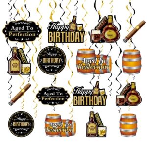 30pcs whiskey birthday party decorations for men,vintage aged to perfection birthday party supplies, black gold whiskey themed cheers themed happy birthday hanging swirls decor