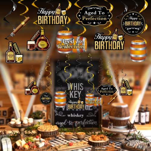 30Pcs Whiskey Birthday Party Decorations for Men,Vintage Aged to Perfection Birthday Party Supplies, Black Gold Whiskey Themed Cheers Themed Happy Birthday Hanging Swirls Decor