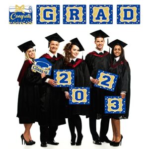 2023 Graduation Banner Blue Graduation Party Decoration Porch Sign Grad Party Supplies, Class of 2023 Congrats Grad for College, High School (Blue and Gold)