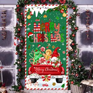 christmas red truck door cover decorations with gnome gingerbread christmas tree and peppermint candy for front door xmas winter holiday party supplies backdrop door decorations