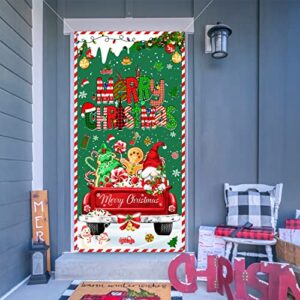 Christmas Red Truck Door Cover Decorations with Gnome Gingerbread Christmas Tree and Peppermint Candy for Front Door Xmas Winter Holiday Party Supplies Backdrop Door Decorations