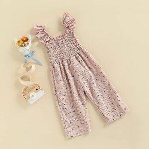 Toddler Girl Jumpsuit Romper Flower Pleated Overalls Pants Baby Girl Summer Clothes (3-4 T, Pink)