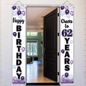 laskyer happy 62nd birthday purple door banner – cheers to 62 years old birthday front door porch sign backdrop,62nd birthday party decorations.