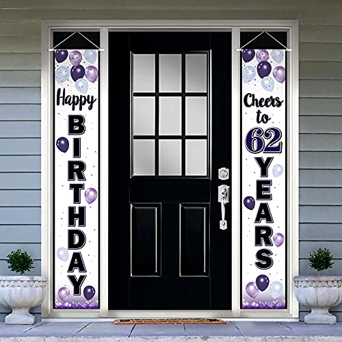 LASKYER Happy 62nd Birthday Purple Door Banner - Cheers to 62 Years Old Birthday Front Door Porch Sign Backdrop,62nd Birthday Party Decorations.