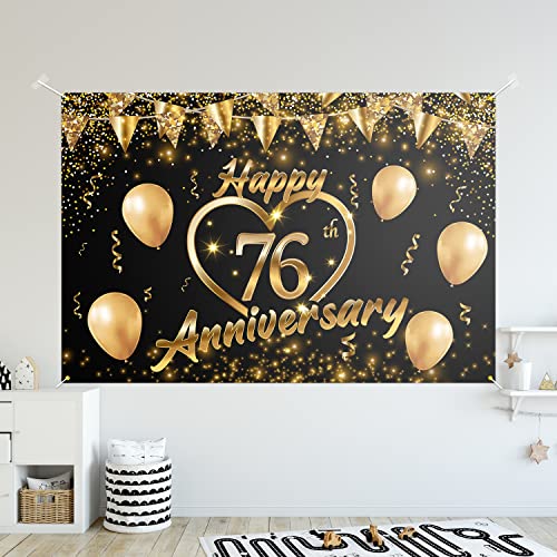 Happy 76th Anniversary Backdrop Banner Decor Black Gold – Glitter Love Heart Happy 76 Years Wedding Anniversary Party Theme Decorations for Women Men Supplies