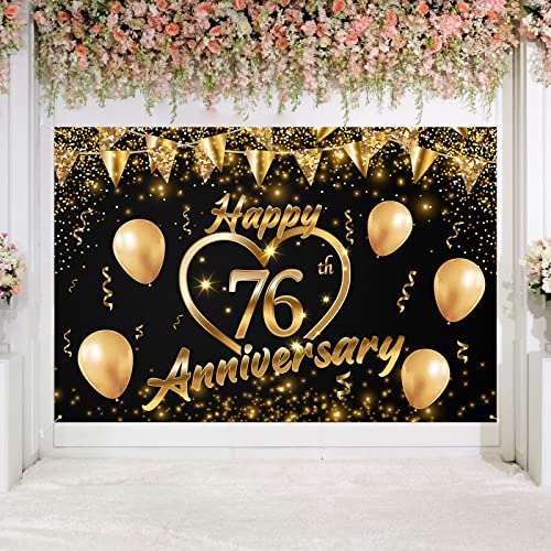 Happy 76th Anniversary Backdrop Banner Decor Black Gold – Glitter Love Heart Happy 76 Years Wedding Anniversary Party Theme Decorations for Women Men Supplies