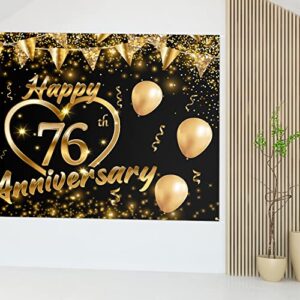 Happy 76th Anniversary Backdrop Banner Decor Black Gold – Glitter Love Heart Happy 76 Years Wedding Anniversary Party Theme Decorations for Women Men Supplies