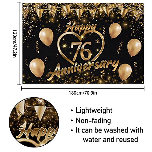 Happy 76th Anniversary Backdrop Banner Decor Black Gold – Glitter Love Heart Happy 76 Years Wedding Anniversary Party Theme Decorations for Women Men Supplies