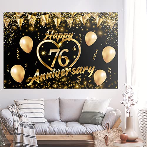 Happy 76th Anniversary Backdrop Banner Decor Black Gold – Glitter Love Heart Happy 76 Years Wedding Anniversary Party Theme Decorations for Women Men Supplies