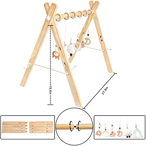 Golener Baby Play Gym Wooden Baby Gym with 6 Infant Activity Toys,Foldable Frame Hanging Bar,Toddler Activity Center with Pull Ring,Wood Gyms for Newborn Gift, Girl & Boy Shower Gift,Easy to Assemble