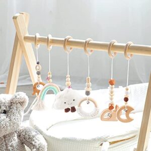 Golener Baby Play Gym Wooden Baby Gym with 6 Infant Activity Toys,Foldable Frame Hanging Bar,Toddler Activity Center with Pull Ring,Wood Gyms for Newborn Gift, Girl & Boy Shower Gift,Easy to Assemble