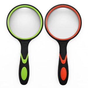 2 pack 75mm 10x handheld magnifying glass shatterproof reading magnifier for seniors and kids, real glass magnifying lens with non-slip rubber handle for reading hobbies and science (orange+green)