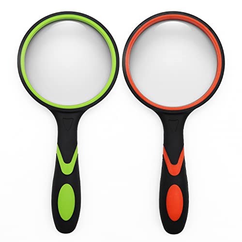 2 Pack 75mm 10X Handheld Magnifying Glass Shatterproof Reading Magnifier for Seniors and Kids, Real Glass Magnifying Lens with Non-Slip Rubber Handle for Reading Hobbies and Science (Orange+Green)