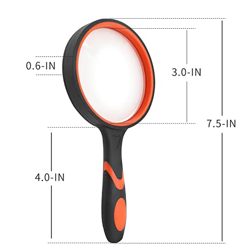 2 Pack 75mm 10X Handheld Magnifying Glass Shatterproof Reading Magnifier for Seniors and Kids, Real Glass Magnifying Lens with Non-Slip Rubber Handle for Reading Hobbies and Science (Orange+Green)