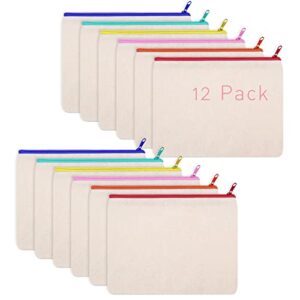 small canvas bags with zipper, zipper pouch 12 pack, diy craft bag canvas makeup bags cosmetic bag multipurpose travel toiletry pouch blank stationery pencil pouch with colorful zipper, beige