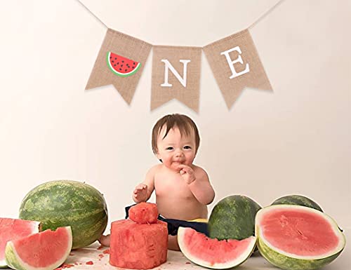 Melon First Birthday Decoration - Watermelon Burlap Highchair Banner - Summer Baby's First Birthday Sign (watermelon+NE)