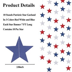 JREAMTD 10 Pack Patriotic Star Banners 4th of July Streamers Garland Decorations - 65Ft/180 Red Blue White Glitter Paper Star Banner Decor Independence Day Memorial Day BBQ Holiday Party Supplies