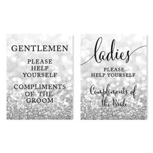 andaz press wedding party signs, glitzy silver glitter, 8.5×11-inch, ladies gentlemen bathroom basket compliments of bride groom, 2-pack