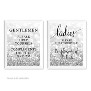 Andaz Press Wedding Party Signs, Glitzy Silver Glitter, 8.5x11-inch, Ladies Gentlemen Bathroom Basket Compliments of Bride Groom, 2-Pack