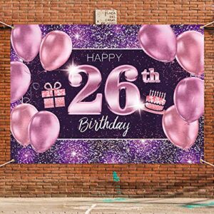 PAKBOOM Happy 26th Birthday Banner Backdrop - 26 Birthday Party Decorations Supplies for Women Her - Pink Purple Gold 4 x 6ft