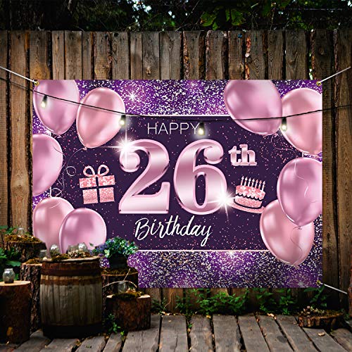 PAKBOOM Happy 26th Birthday Banner Backdrop - 26 Birthday Party Decorations Supplies for Women Her - Pink Purple Gold 4 x 6ft