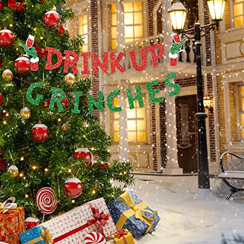 Glittery Drink Up Grinches Banner, Christmas Party Decoration, Christmas Banner for Outdoor Indoor Hanging Decor and Fireplace Xmas Party Holiday Supplies Decoration