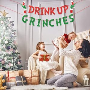 Glittery Drink Up Grinches Banner, Christmas Party Decoration, Christmas Banner for Outdoor Indoor Hanging Decor and Fireplace Xmas Party Holiday Supplies Decoration