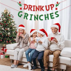 Glittery Drink Up Grinches Banner, Christmas Party Decoration, Christmas Banner for Outdoor Indoor Hanging Decor and Fireplace Xmas Party Holiday Supplies Decoration