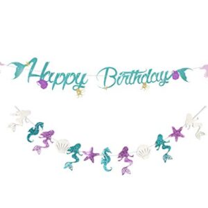 Mermaid Happy Birthday Banner, Mermaid Starfish Seashell Seahorse Banner, Under The Sea Mermaid Theme Party Decoration