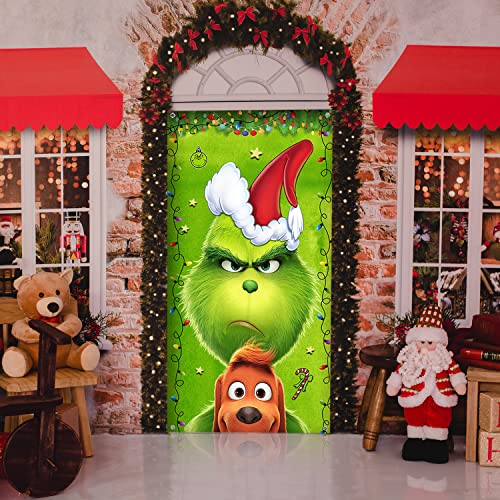 Christmas Decorations Door Cover, The Green Door Banner Merry Christmas Porch Sign Backdrop for Indoor Outside Home Front Door Christmas New Year Party Decorations