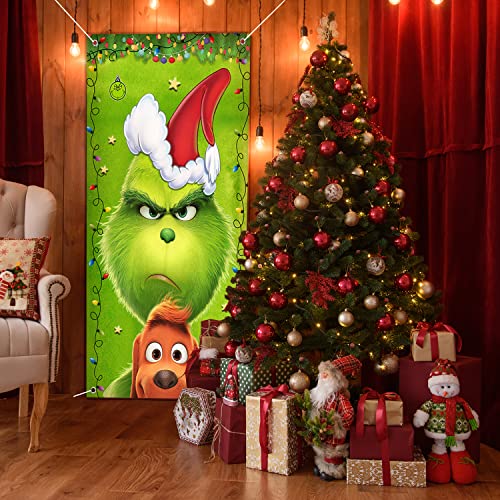 Christmas Decorations Door Cover, The Green Door Banner Merry Christmas Porch Sign Backdrop for Indoor Outside Home Front Door Christmas New Year Party Decorations