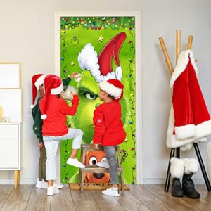 Christmas Decorations Door Cover, The Green Door Banner Merry Christmas Porch Sign Backdrop for Indoor Outside Home Front Door Christmas New Year Party Decorations