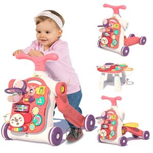 qdragon 5 in 1 walker for baby girl, baby push walkers, assemble as scooter/motorbike/activity center/detachable panel, walking toys learning walker for infants toddler, red